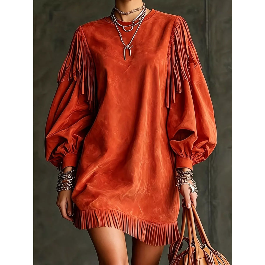 Fringe Detail Lantern Sleeve Mini Dress Orange-red / S Apparel and Accessories