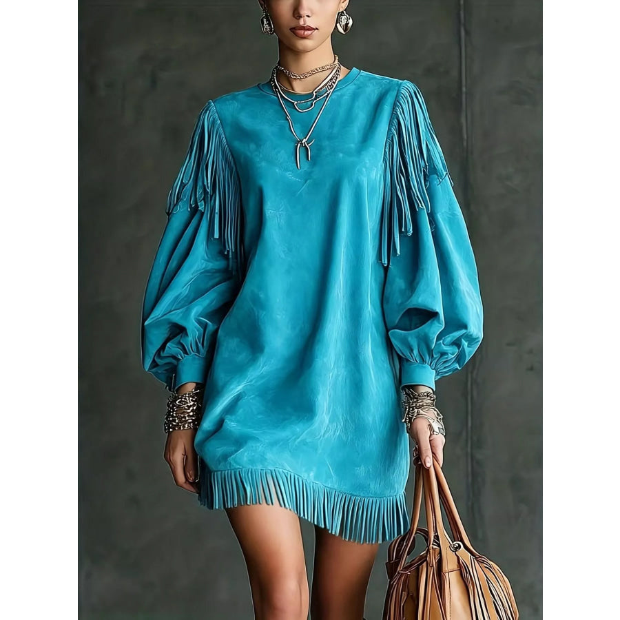 Fringe Detail Lantern Sleeve Mini Dress Teal / S Apparel and Accessories