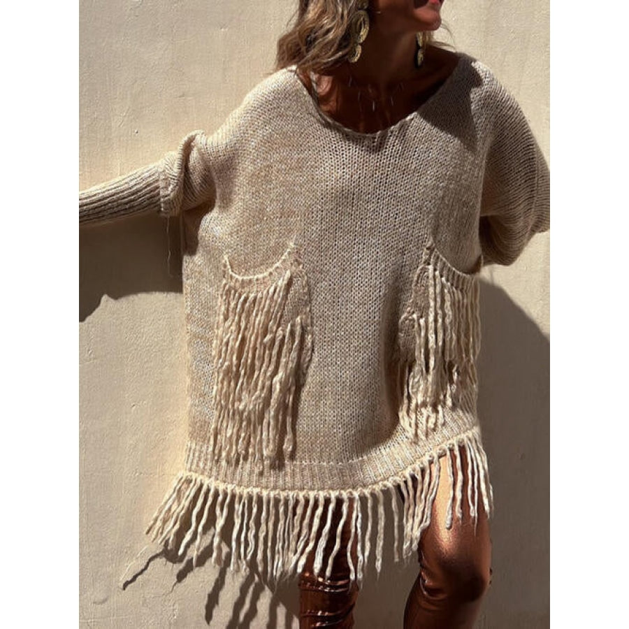 Fringe Detail Long Sleeve Sweater with Pockets Camel / S/M Clothing