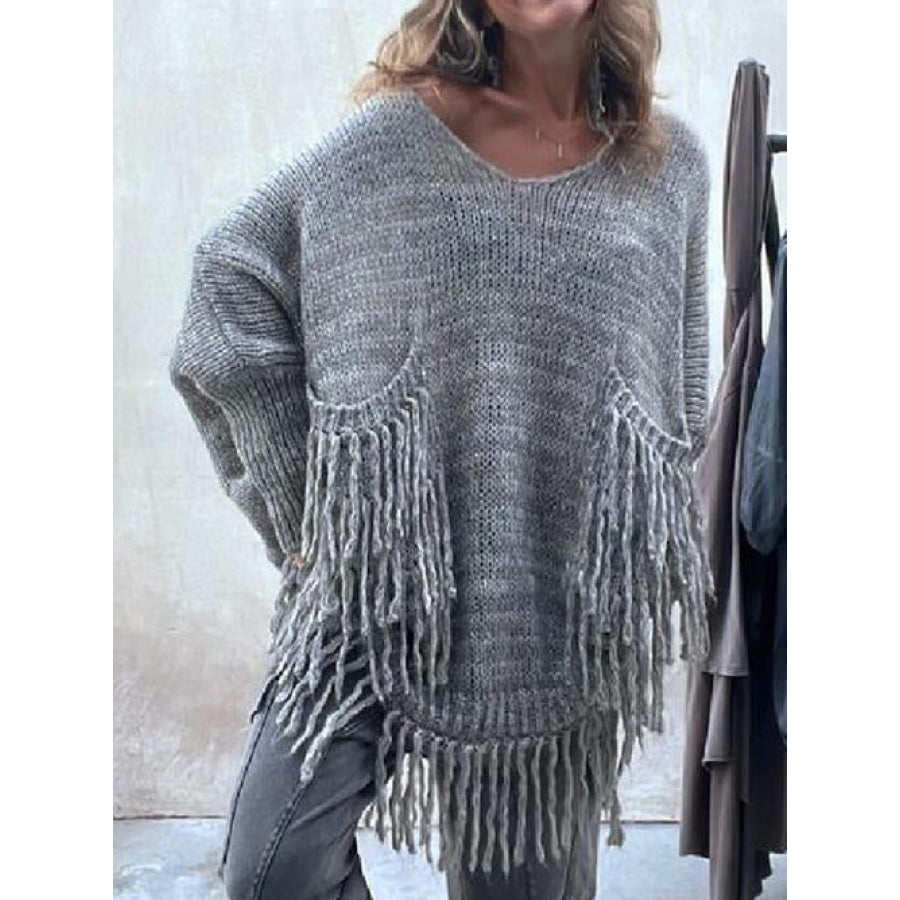 Fringe Detail Long Sleeve Sweater with Pockets Charcoal / S/M Clothing