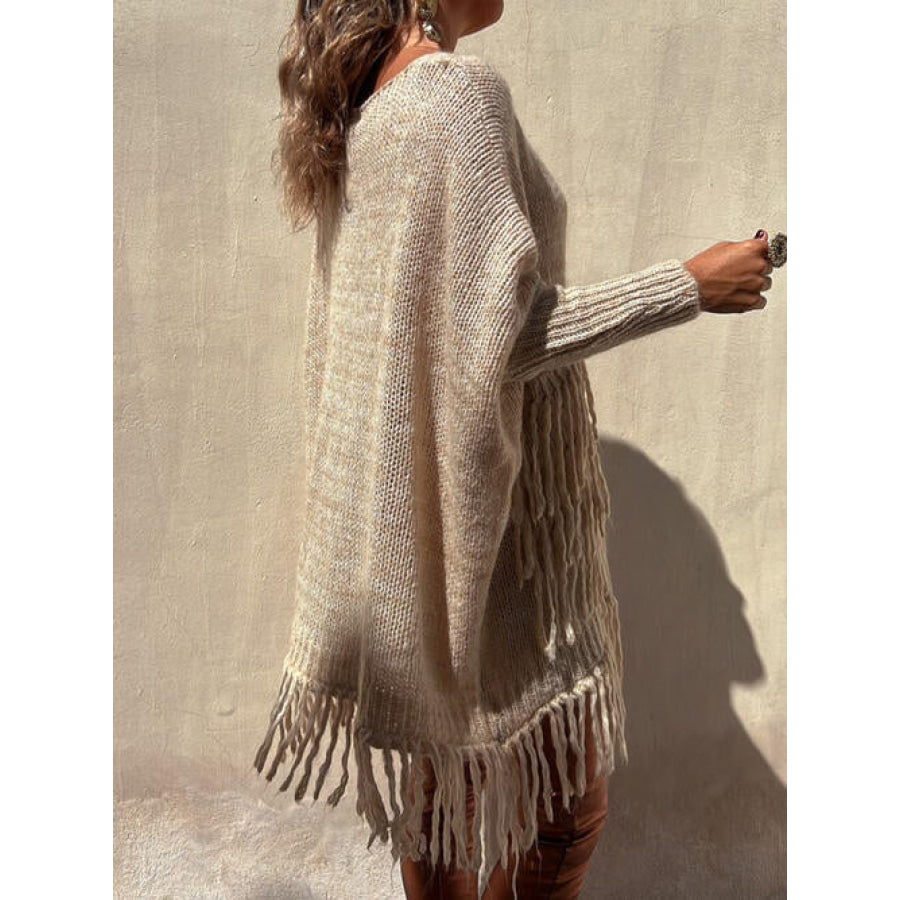 Fringe Detail Long Sleeve Sweater with Pockets Camel / S/M Clothing