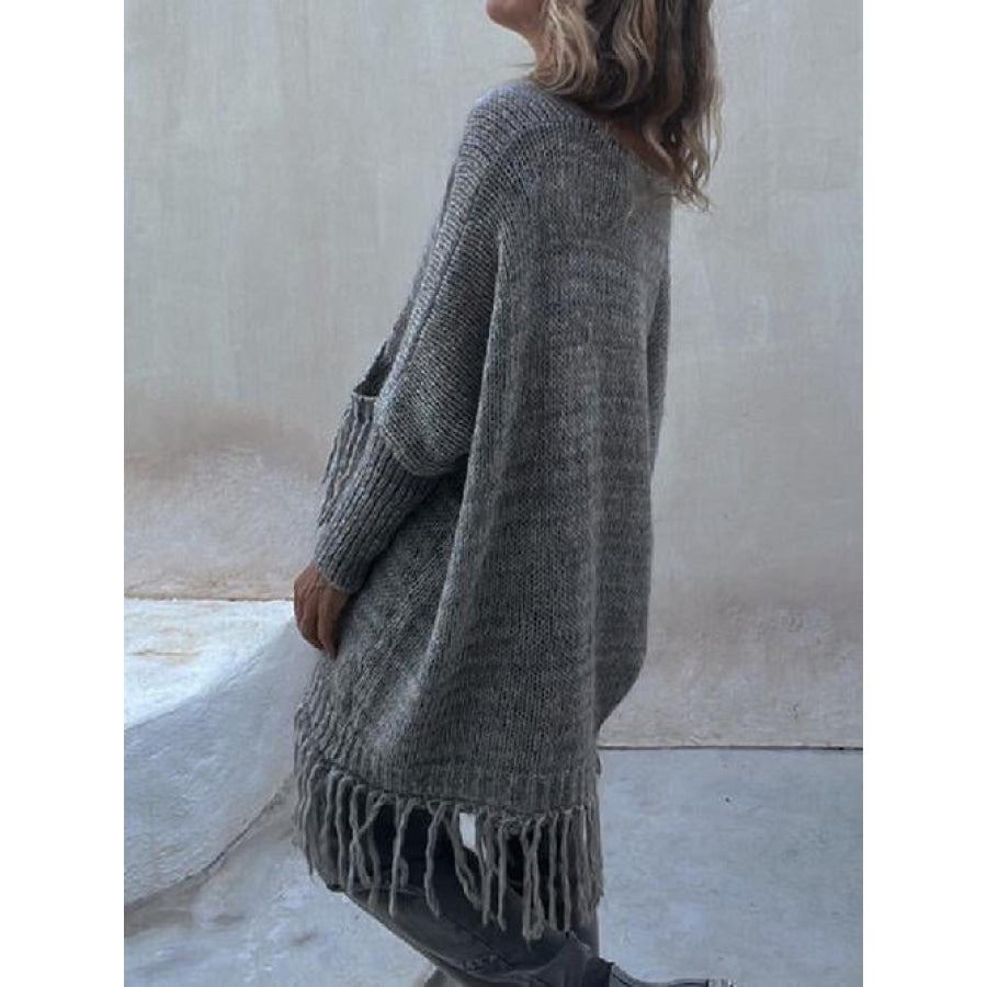Fringe Detail Long Sleeve Sweater with Pockets Clothing