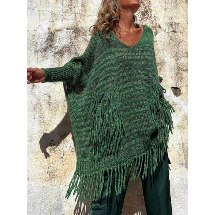 Fringe Detail Long Sleeve Sweater with Pockets Green / S/M Clothing
