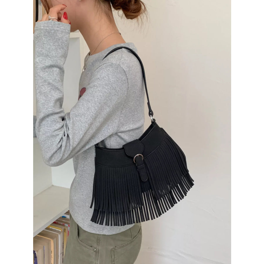 Fringe Embellished Shoulder Bag Black / onesize Apparel and Accessories