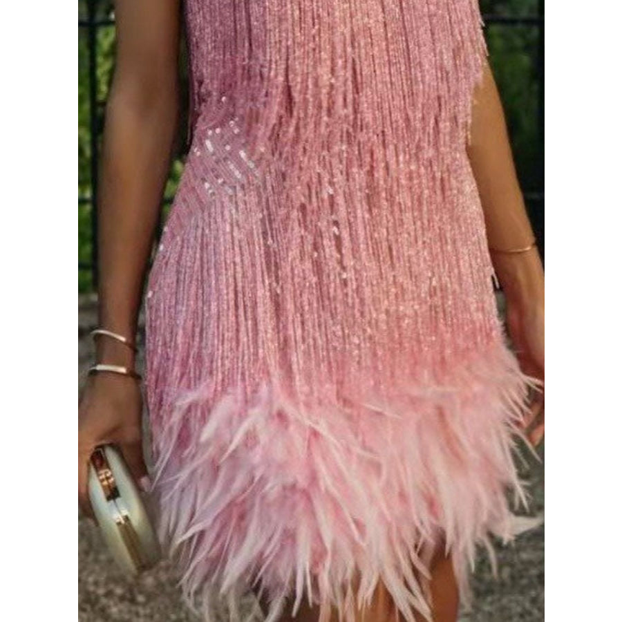 Fringe Feather Hem Mini Dress Apparel and Accessories