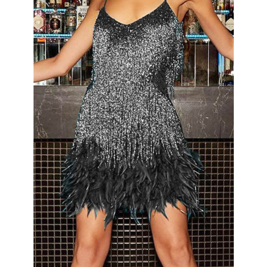 Fringe Feather Hem Mini Dress Apparel and Accessories