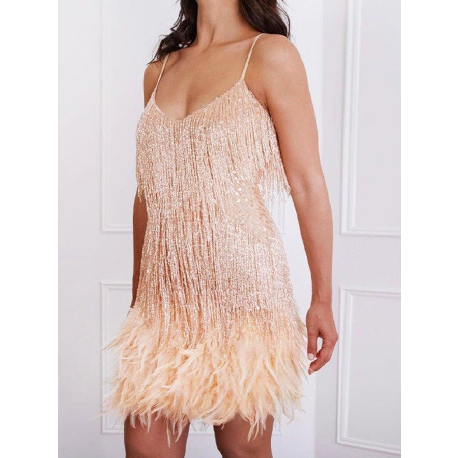 Fringe Feather Hem Mini Dress Beige / S Apparel and Accessories