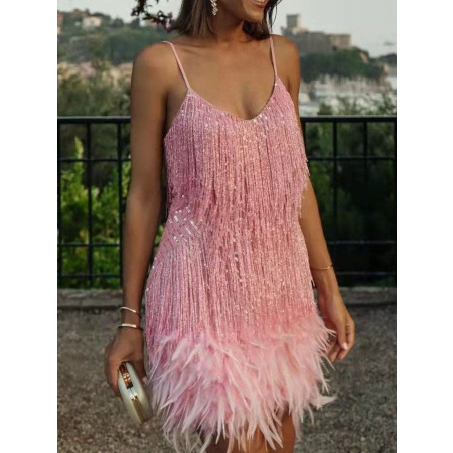 Fringe Feather Hem Mini Dress Pink / S Apparel and Accessories