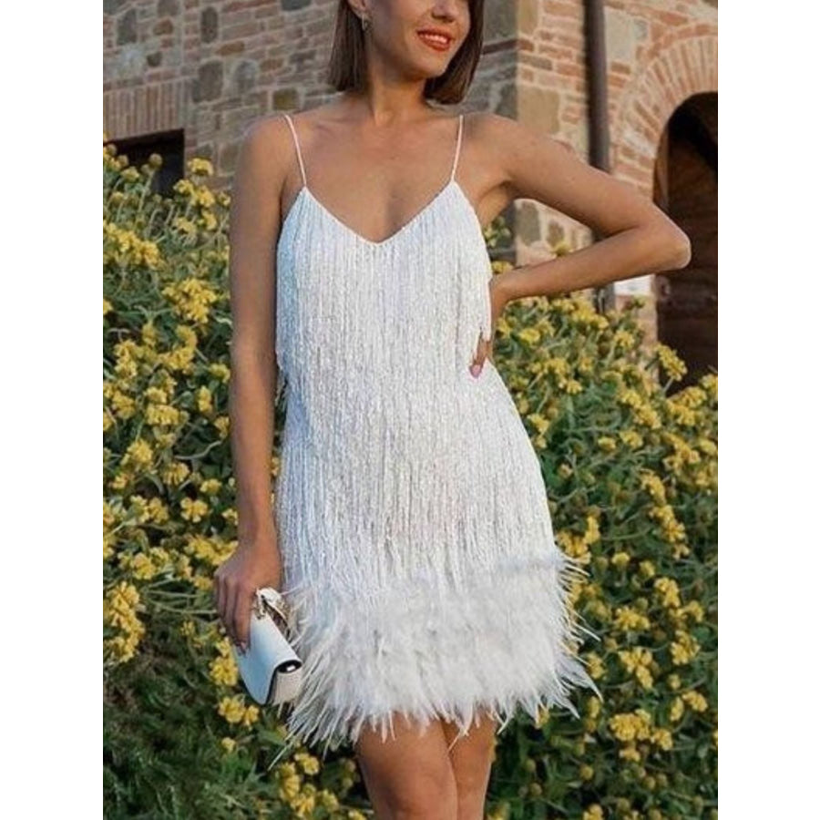 Fringe Feather Hem Mini Dress White / S Apparel and Accessories