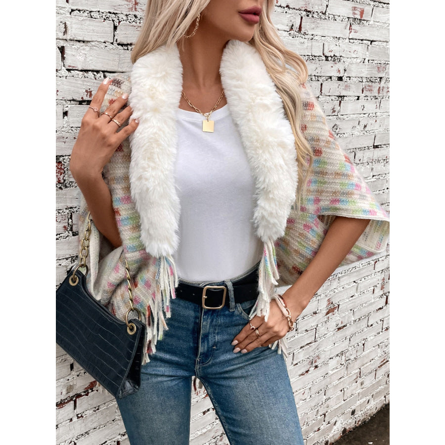 Fringe Fuzzy Open Front Poncho Apparel and Accessories