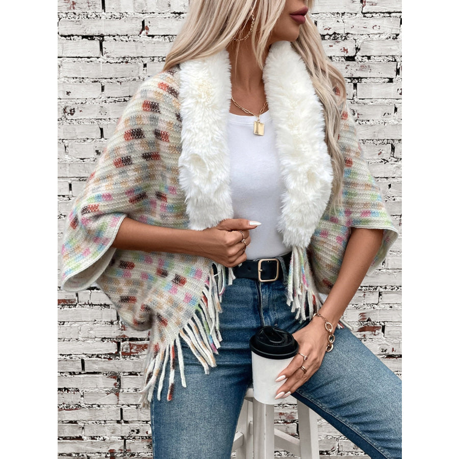 Fringe Fuzzy Open Front Poncho Apparel and Accessories