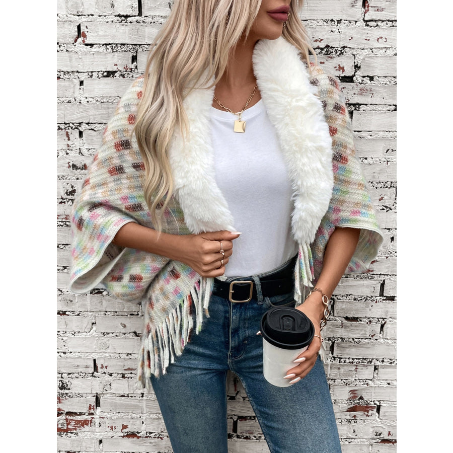 Fringe Fuzzy Open Front Poncho Apparel and Accessories