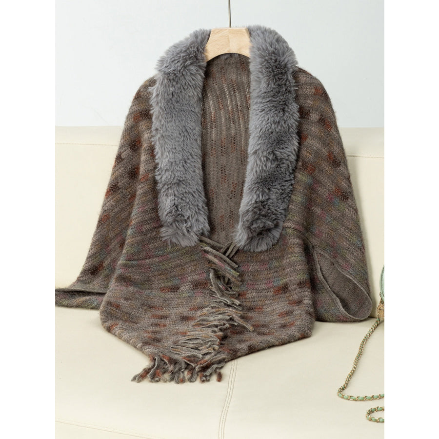 Fringe Fuzzy Open Front Poncho Coffee Brown / One Size Apparel and Accessories