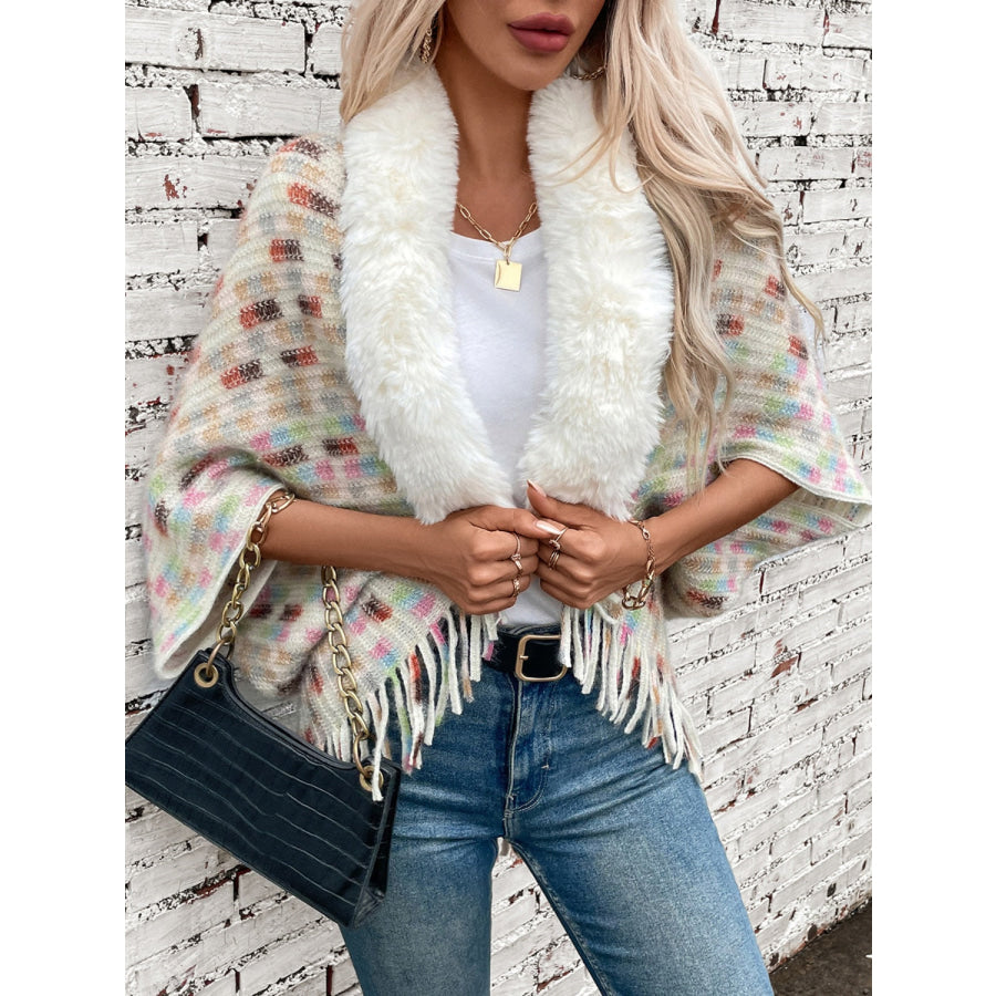 Fringe Fuzzy Open Front Poncho Cream / One Size Apparel and Accessories