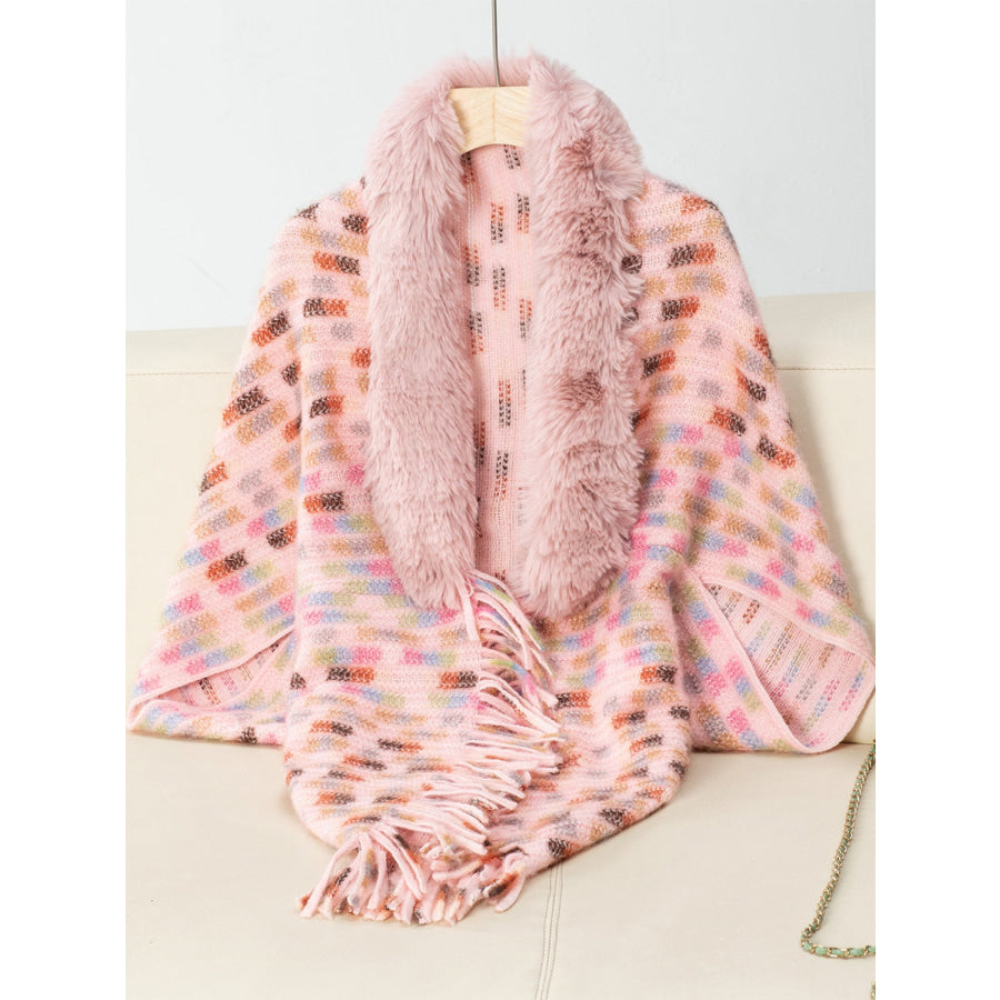 Fringe Fuzzy Open Front Poncho Watermelon pink / One Size Apparel and Accessories