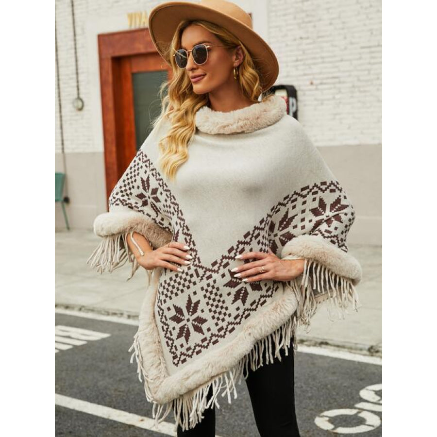 Fringe Geometric Cape Sleeve Poncho Ivory / One Size Shirts & Tops