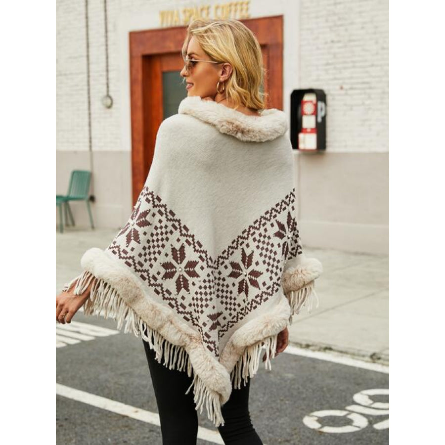 Fringe Geometric Cape Sleeve Poncho Ivory / One Size Shirts & Tops