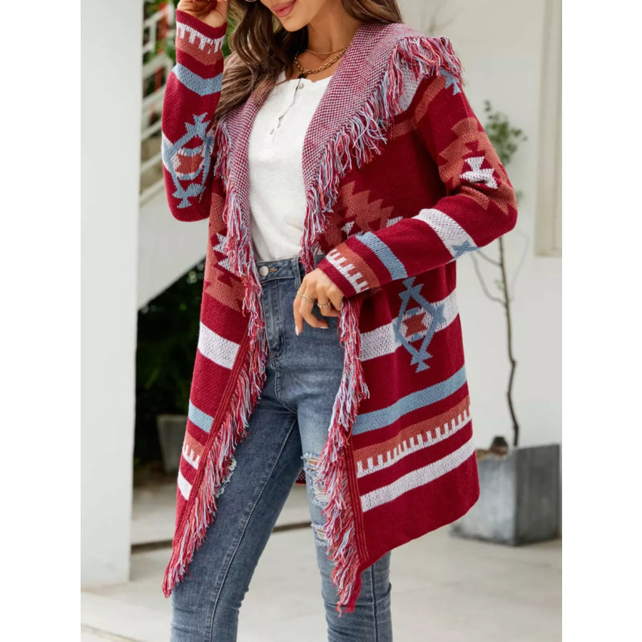 Fringe Geometric Hooded Cardigan Apparel and Accessories