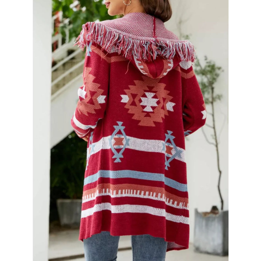 Fringe Geometric Hooded Cardigan Apparel and Accessories