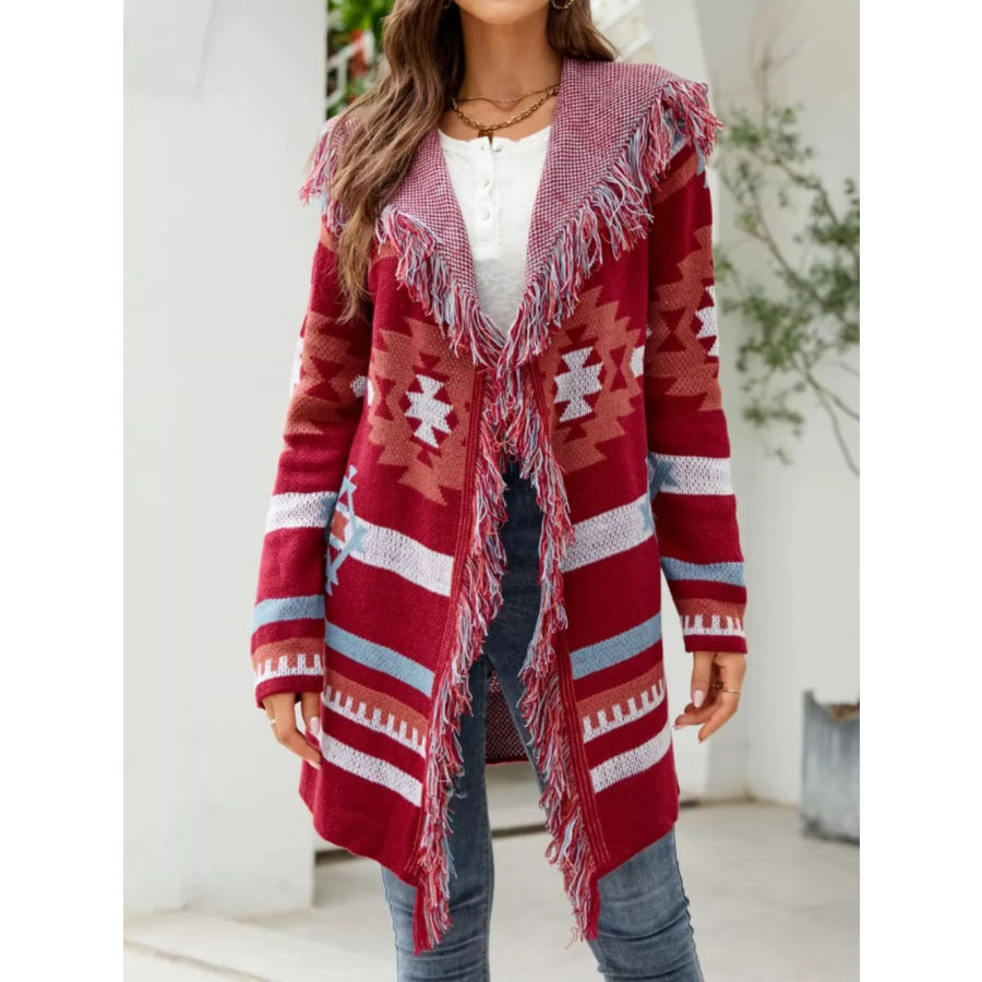 Fringe Geometric Hooded Cardigan Deep Red / S Apparel and Accessories