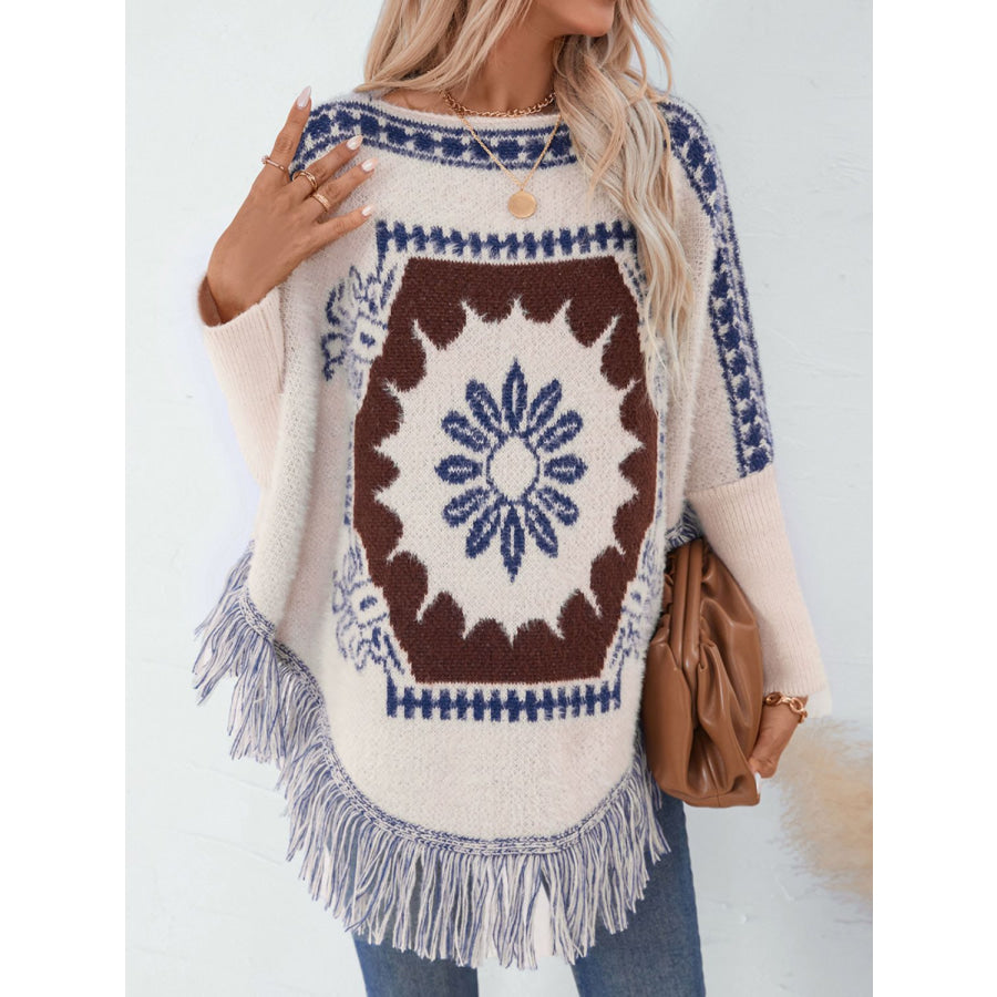 Fringe Geometric Long Sleeve Poncho Apparel and Accessories