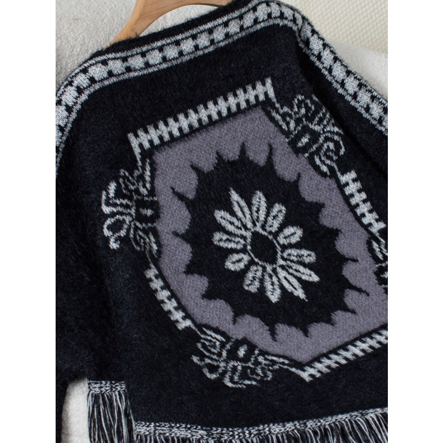 Fringe Geometric Long Sleeve Poncho Apparel and Accessories