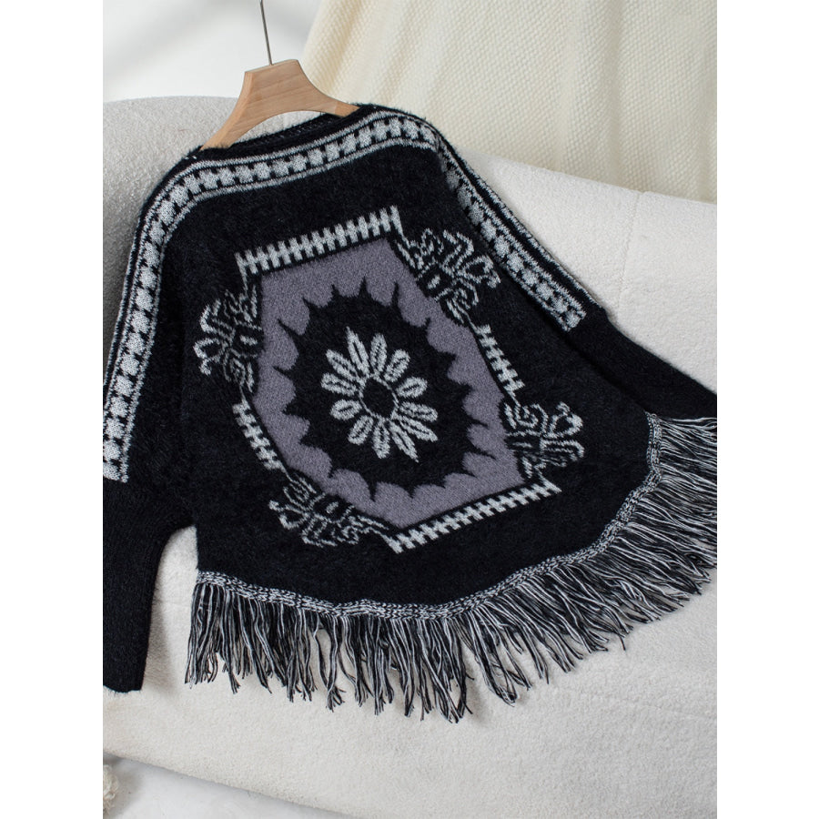 Fringe Geometric Long Sleeve Poncho Apparel and Accessories