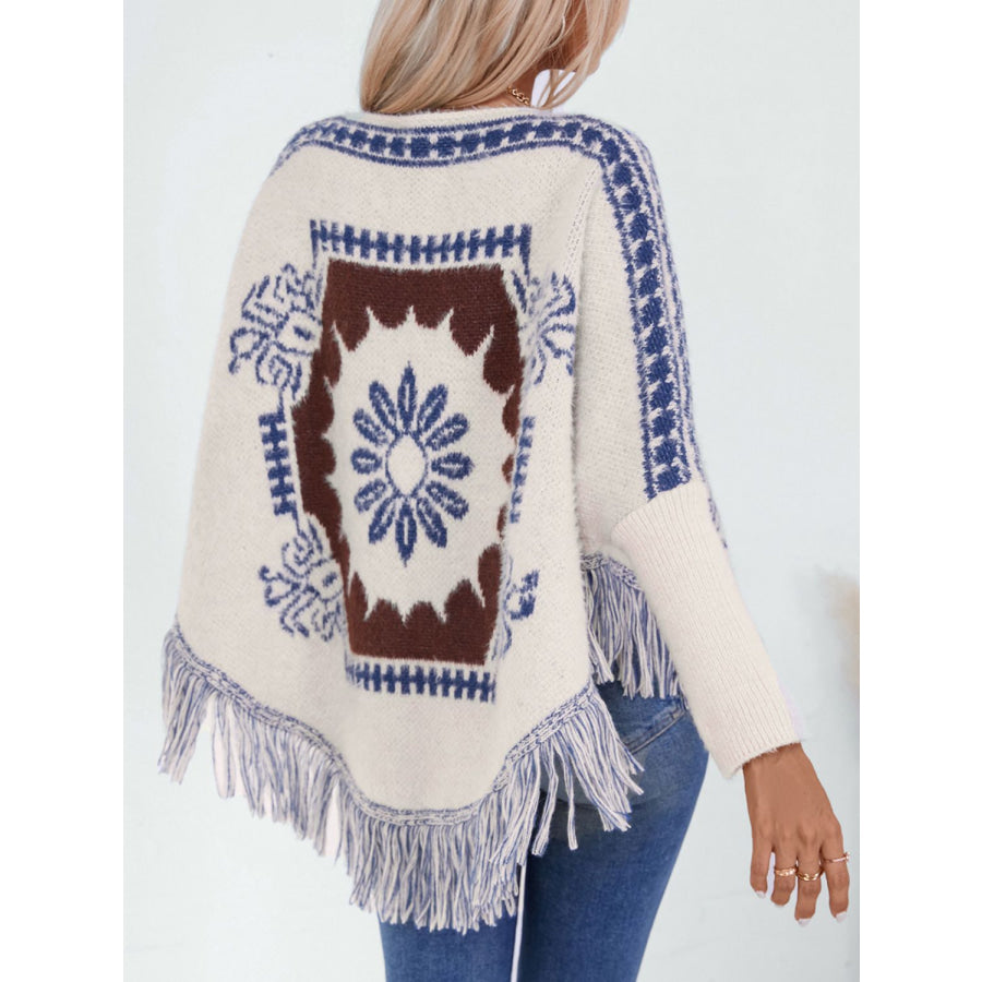 Fringe Geometric Long Sleeve Poncho Apparel and Accessories