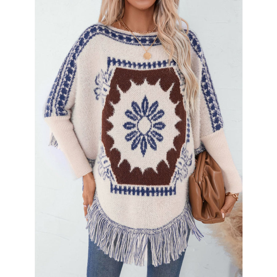 Fringe Geometric Long Sleeve Poncho Apparel and Accessories