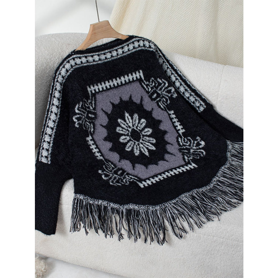 Fringe Geometric Long Sleeve Poncho Black / One Size Apparel and Accessories