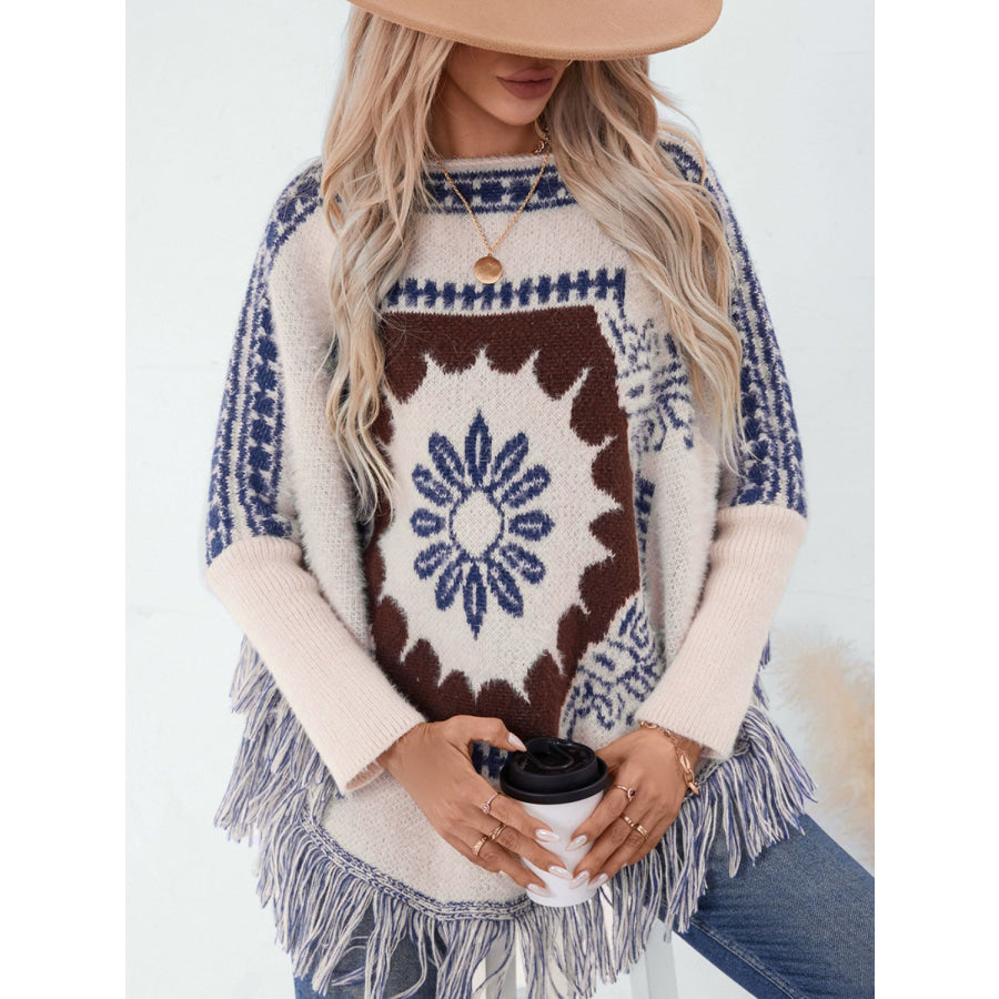 Fringe Geometric Long Sleeve Poncho Cream / One Size Apparel and Accessories