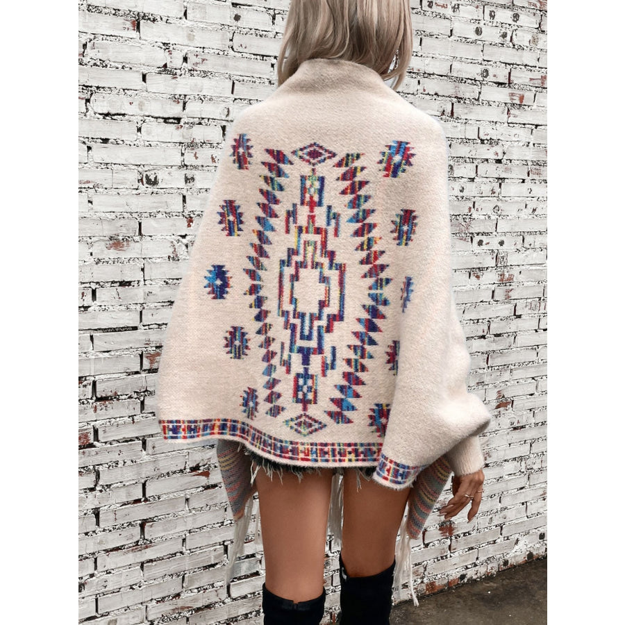 Fringe Geometric Open Front Long Sleeve Cape Apparel and Accessories