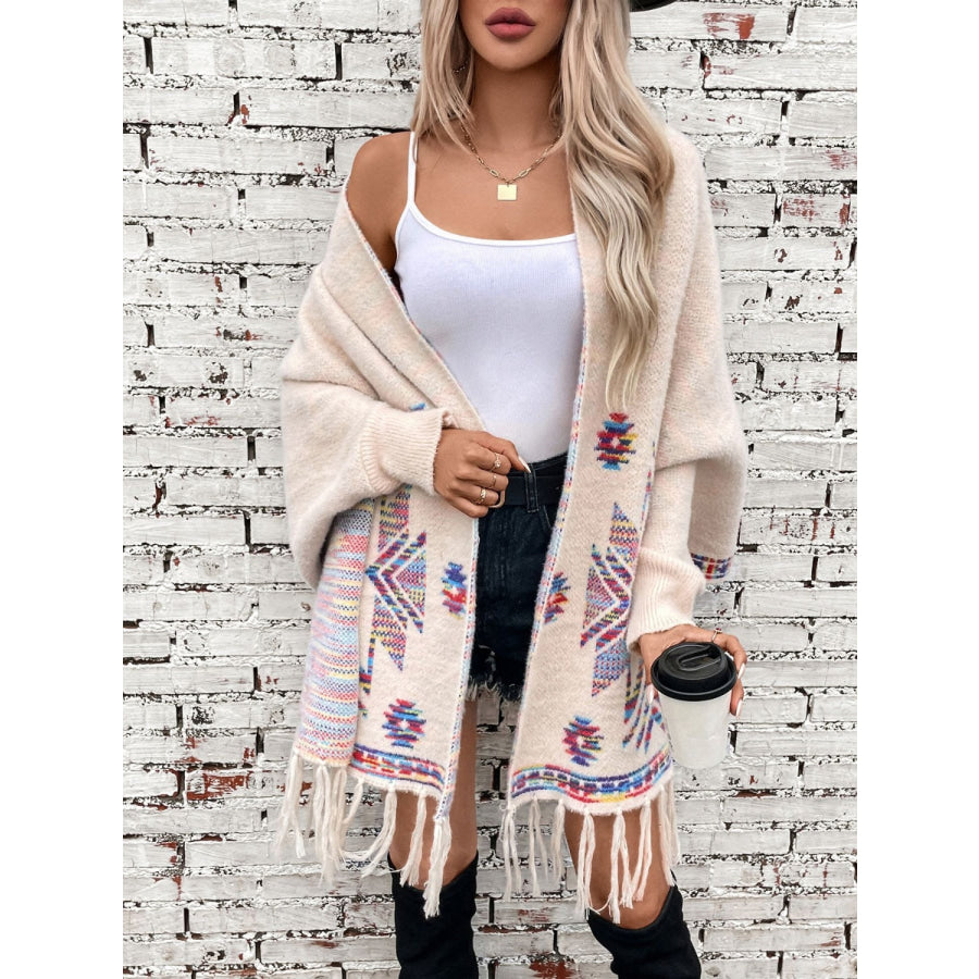 Fringe Geometric Open Front Long Sleeve Cape Apparel and Accessories