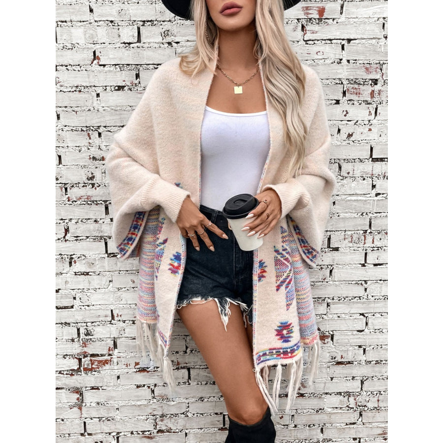 Fringe Geometric Open Front Long Sleeve Cape Apparel and Accessories