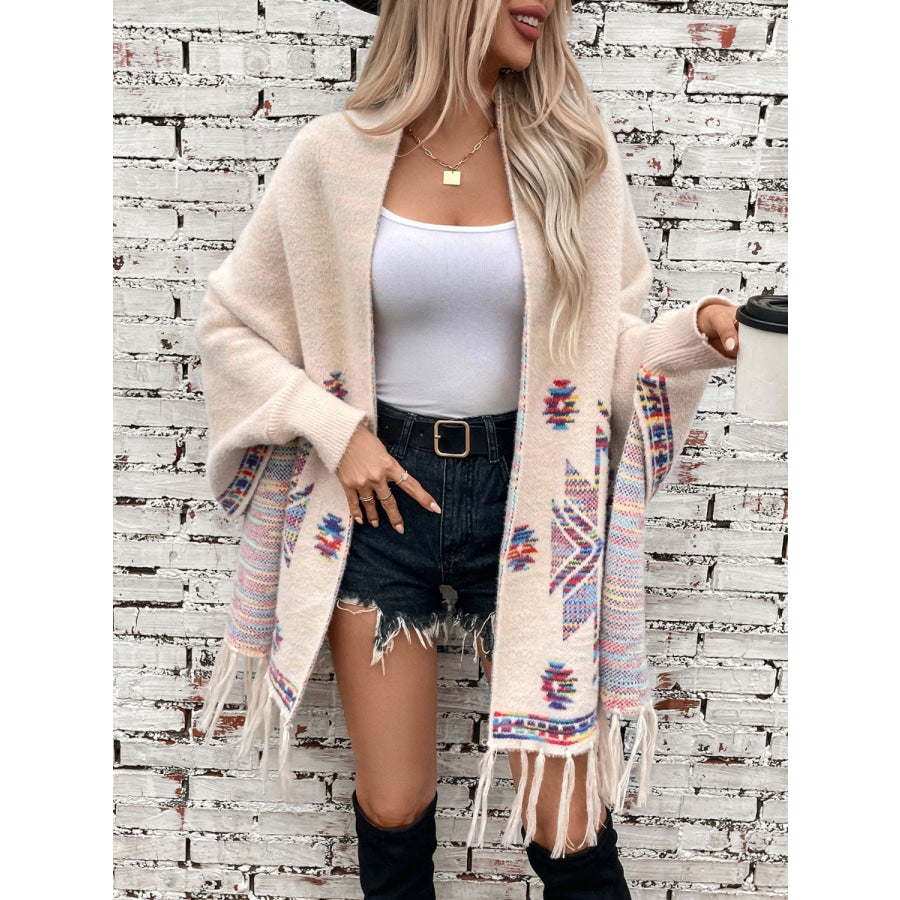 Fringe Geometric Open Front Long Sleeve Cape Apparel and Accessories