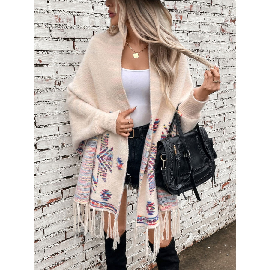 Fringe Geometric Open Front Long Sleeve Cape Cream / One Size Apparel and Accessories