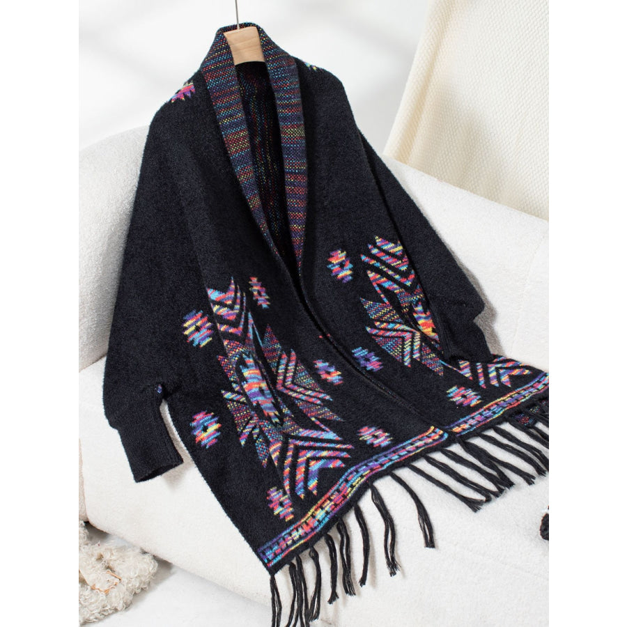 Fringe Geometric Open Front Long Sleeve Cape Black / One Size Apparel and Accessories