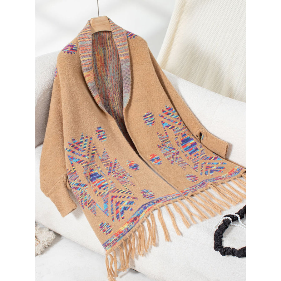 Fringe Geometric Open Front Long Sleeve Cape Camel / One Size Apparel and Accessories