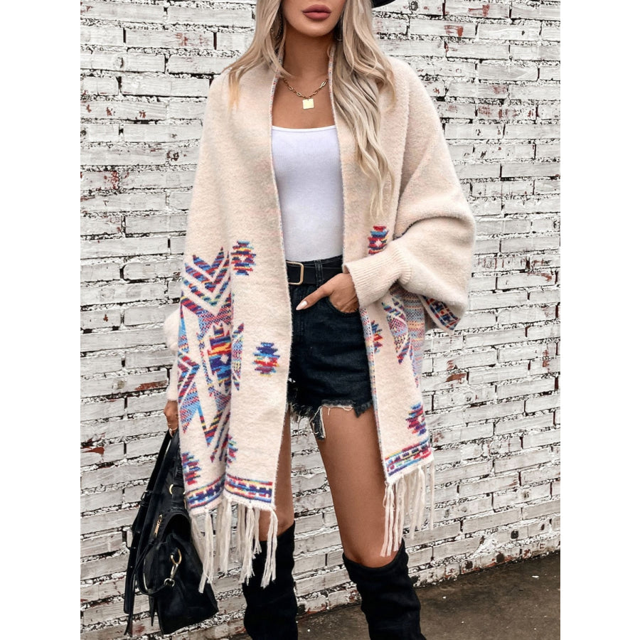 Fringe Geometric Open Front Long Sleeve Cape Cream / One Size Apparel and Accessories