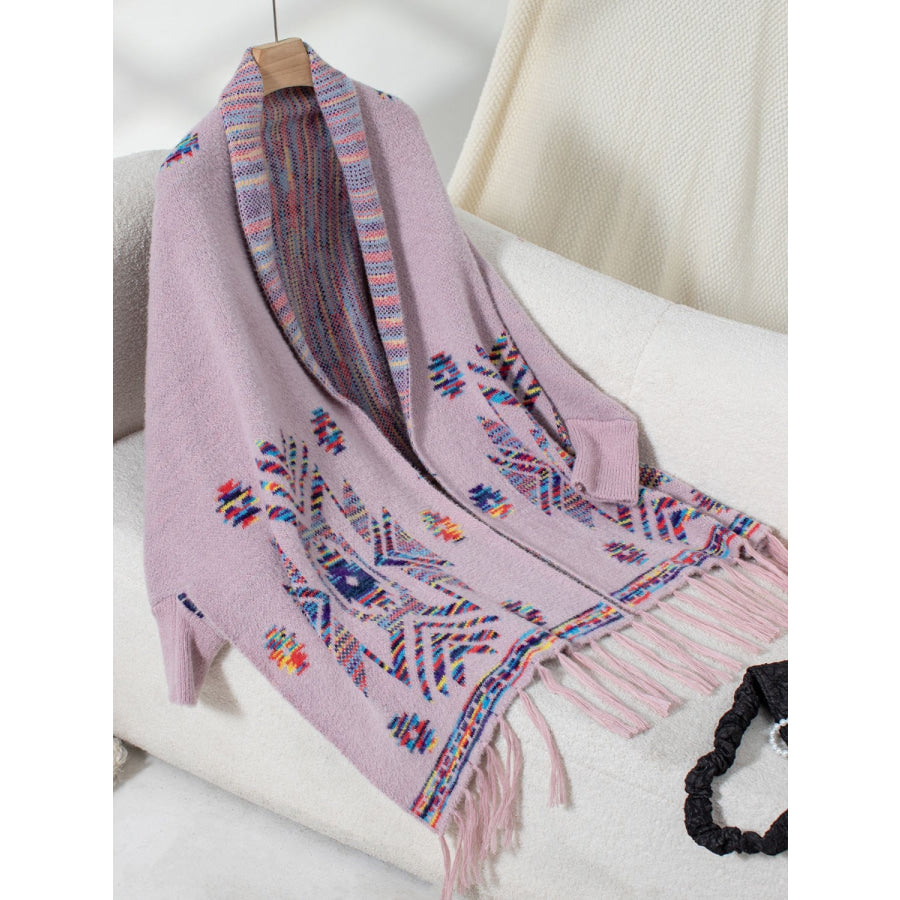 Fringe Geometric Open Front Long Sleeve Cape Pink Purple / One Size Apparel and Accessories