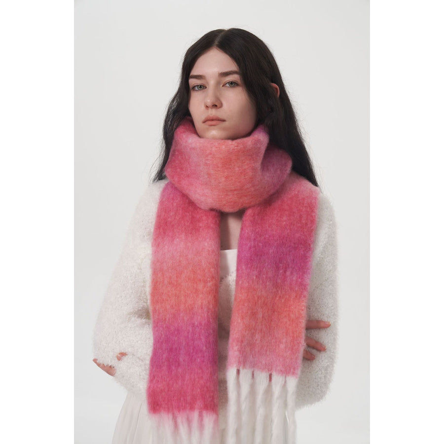 Fringe Gradient Thermal Scarf Hot Pink / One Size Apparel and Accessories