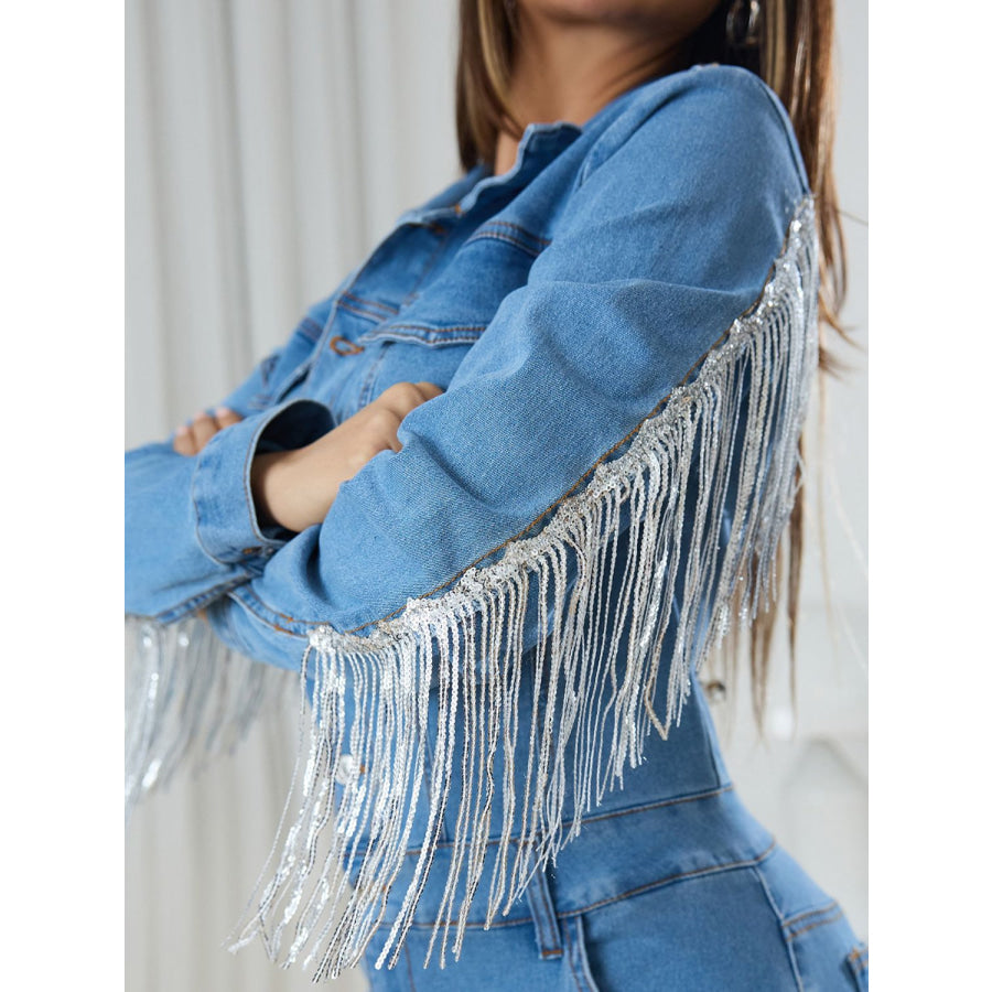 Fringe Half Button Long Sleeve Denim Jumpsuit Apparel and Accessories