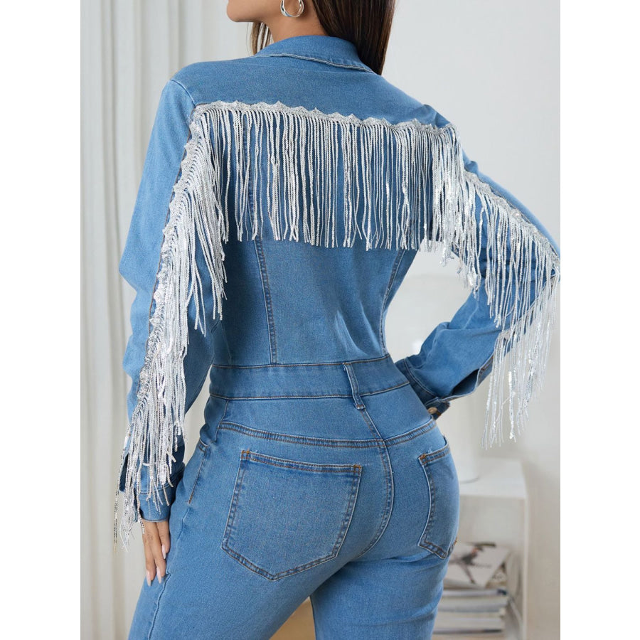 Fringe Half Button Long Sleeve Denim Jumpsuit Apparel and Accessories