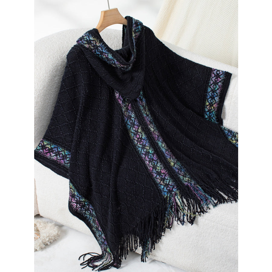 Fringe Half Sleeve Hooded Poncho Apparel and Accessories