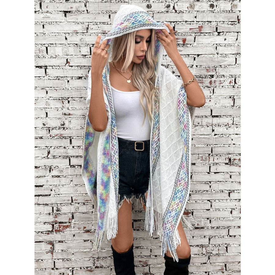 Fringe Half Sleeve Hooded Poncho Apparel and Accessories