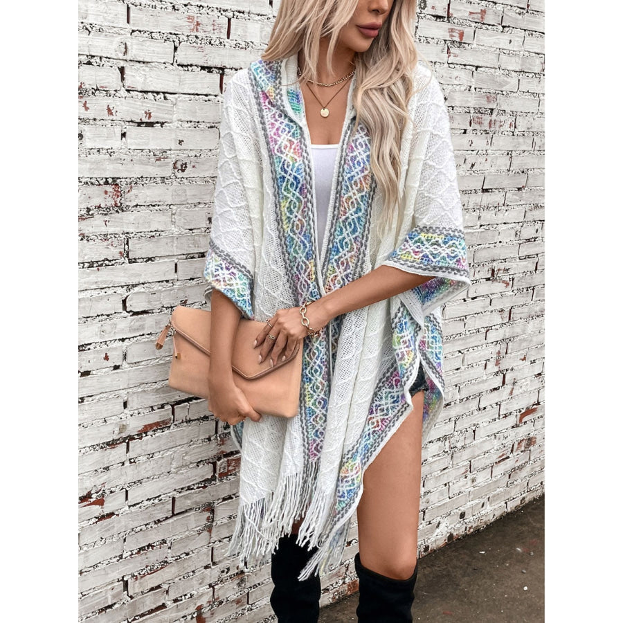 Fringe Half Sleeve Hooded Poncho Apparel and Accessories