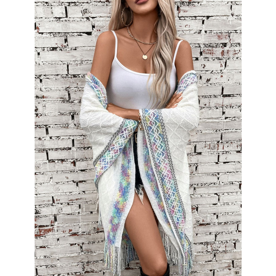 Fringe Half Sleeve Hooded Poncho Apparel and Accessories