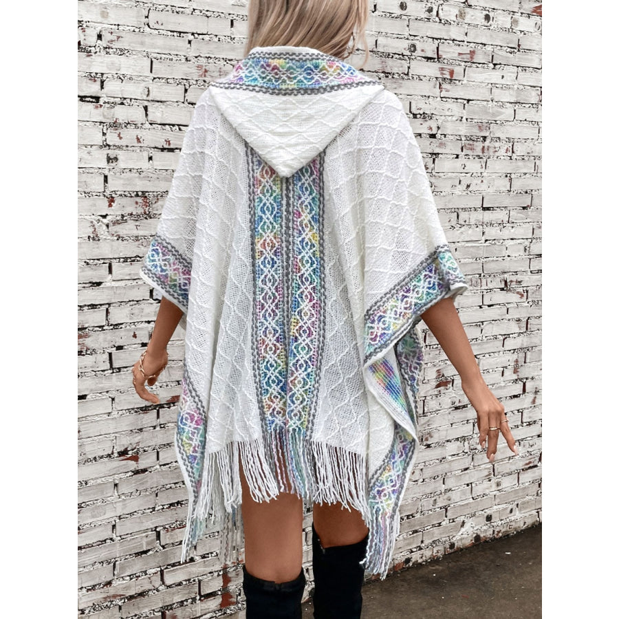 Fringe Half Sleeve Hooded Poncho Apparel and Accessories