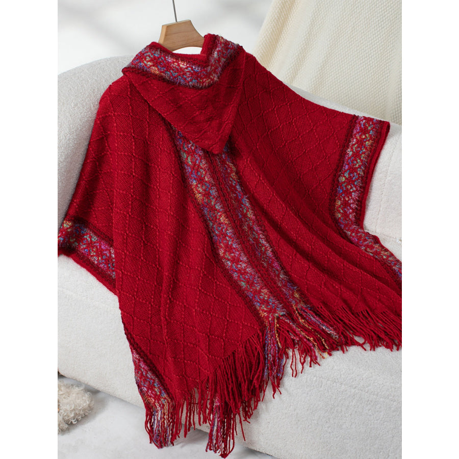 Fringe Half Sleeve Hooded Poncho Burgundy / One Size Apparel and Accessories