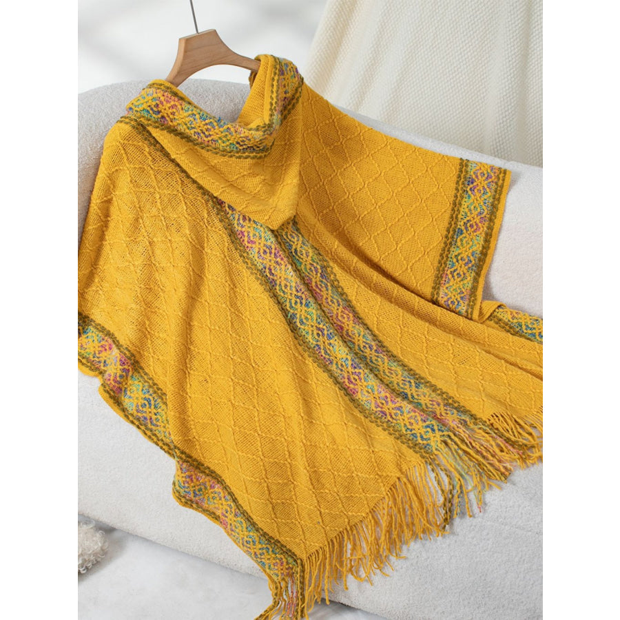 Fringe Half Sleeve Hooded Poncho Mustard / One Size Apparel and Accessories